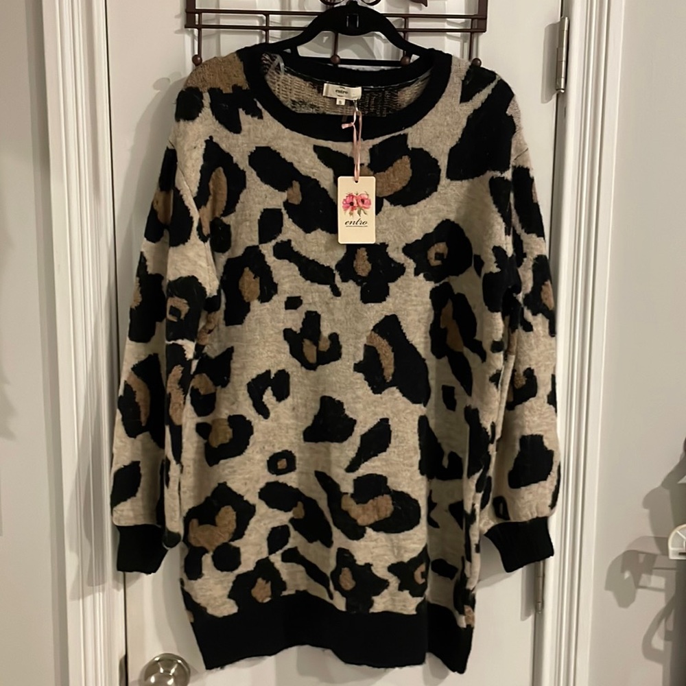 Nwt Entro Leopard Print Long Soft Fuzzy Sweater W… - image 1